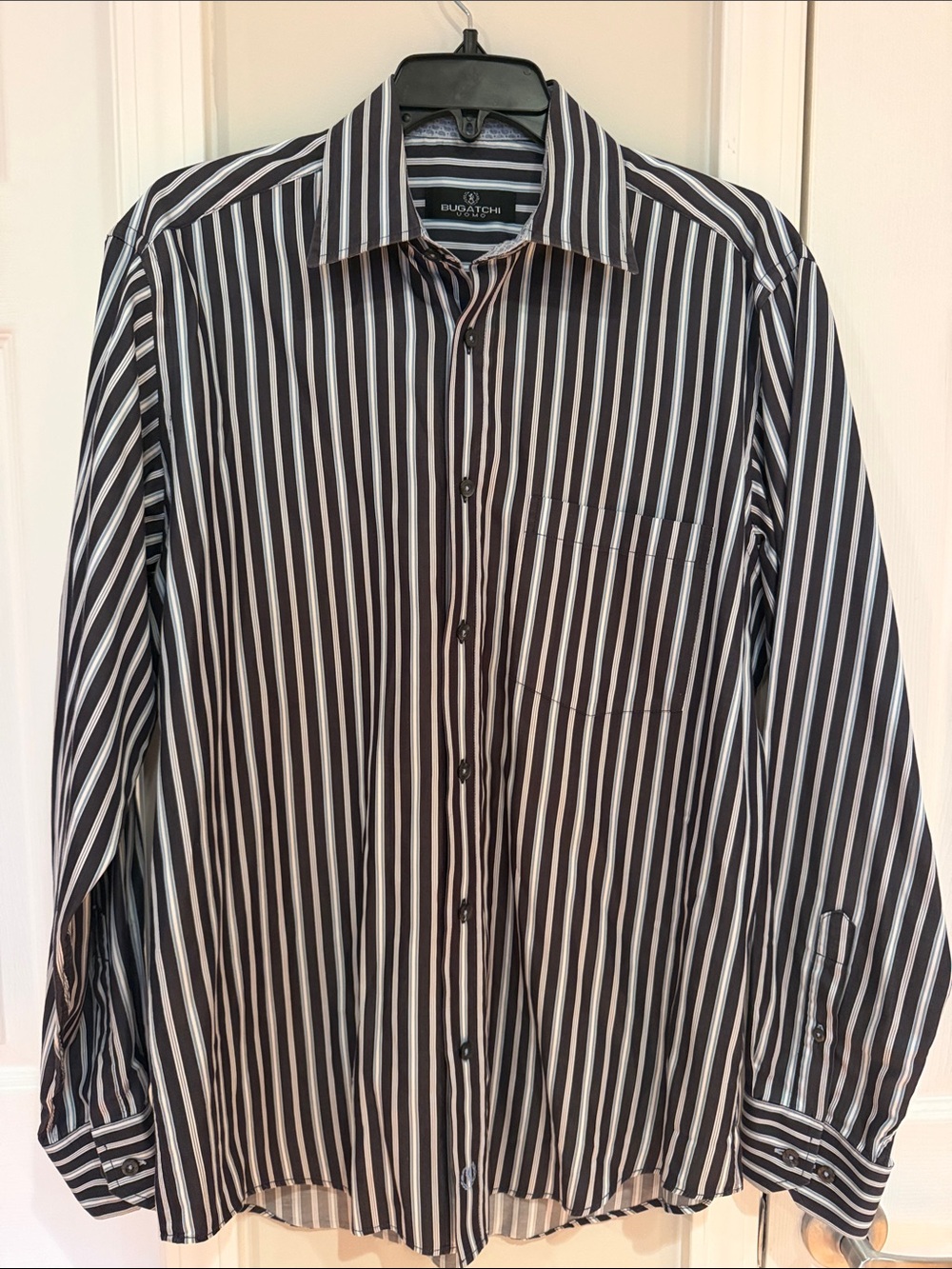 Bugatchi Navy and White Vertical Stripe Dress Shirt Sz L 100% Cotton